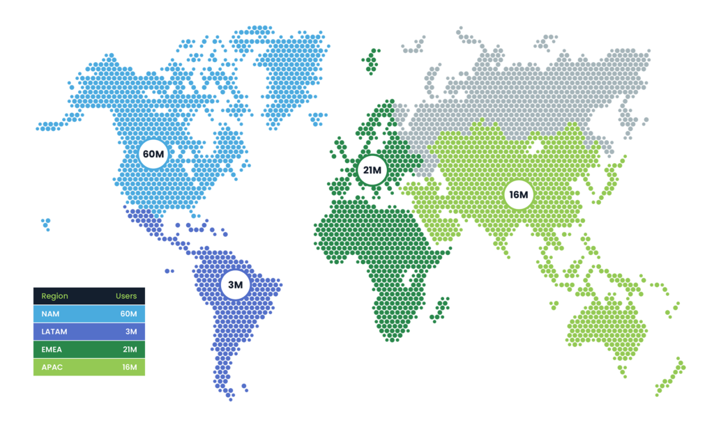 global audience map highlighting audience size in each geographical region